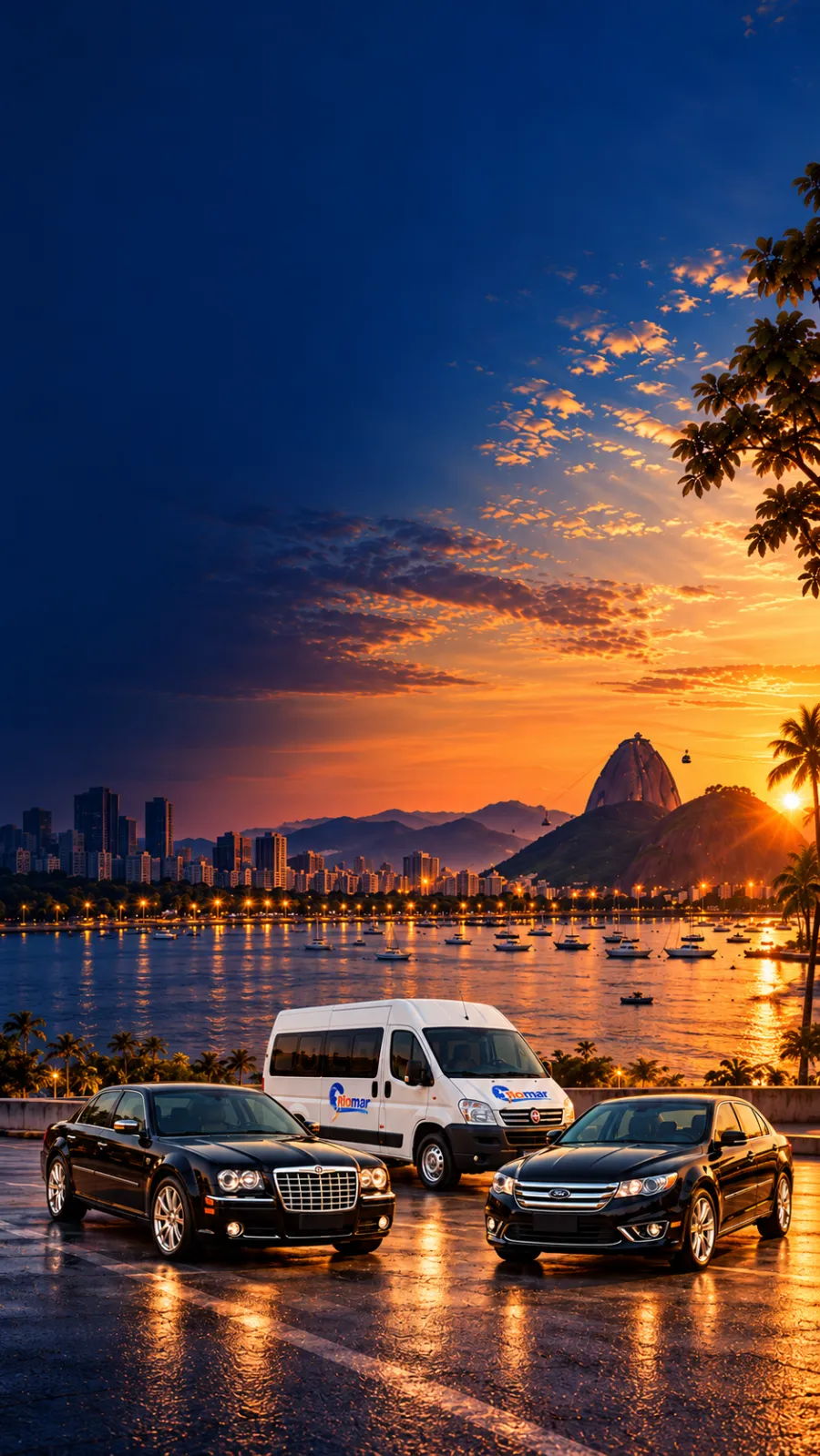 Frota Riomar — carros executivos e van — na orla do Rio de Janeiro ao entardecer
