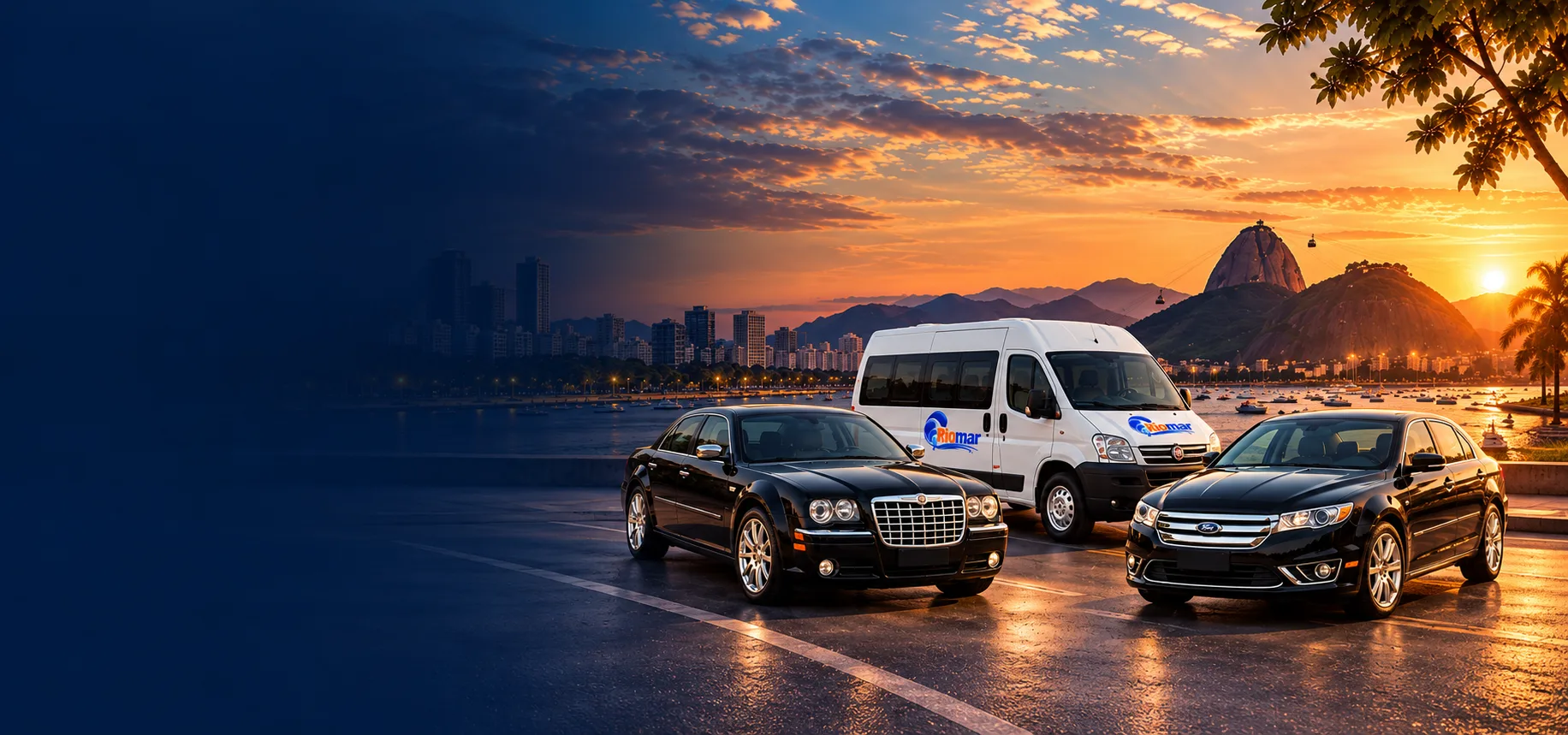 Frota Riomar — carros executivos e van — na orla do Rio de Janeiro ao entardecer